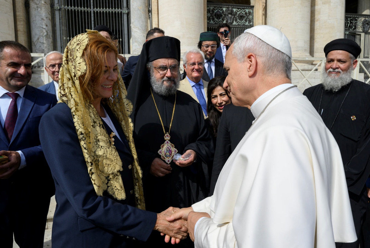 Members of the IPDC delegation greet Pope Leo XIV in St Peter's Square
